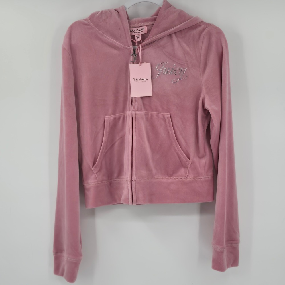 Juicy Couture Rose Pink Velour Rhinestone Logo Zip Up Hoodie NWT Large